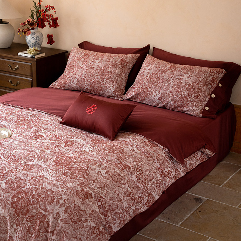 高质量超好看的结婚婚嫁红色婚床四件套全棉纯棉婚庆红色新婚喜被,淘宝优惠券,粉丝福利购,淘宝优惠卷