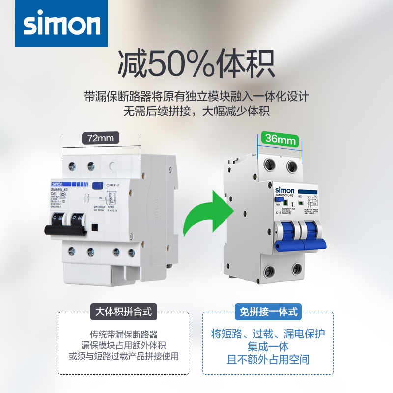 西蒙65C漏电保护断路器4P63A家用空气开关带漏保总闸空气开关电闸 - 图0