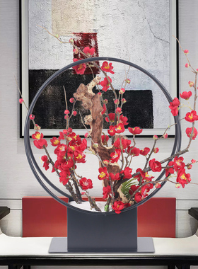 现代新中式红色仿真梅花假花盆景摆件创意样板房客厅酒店装饰摆设