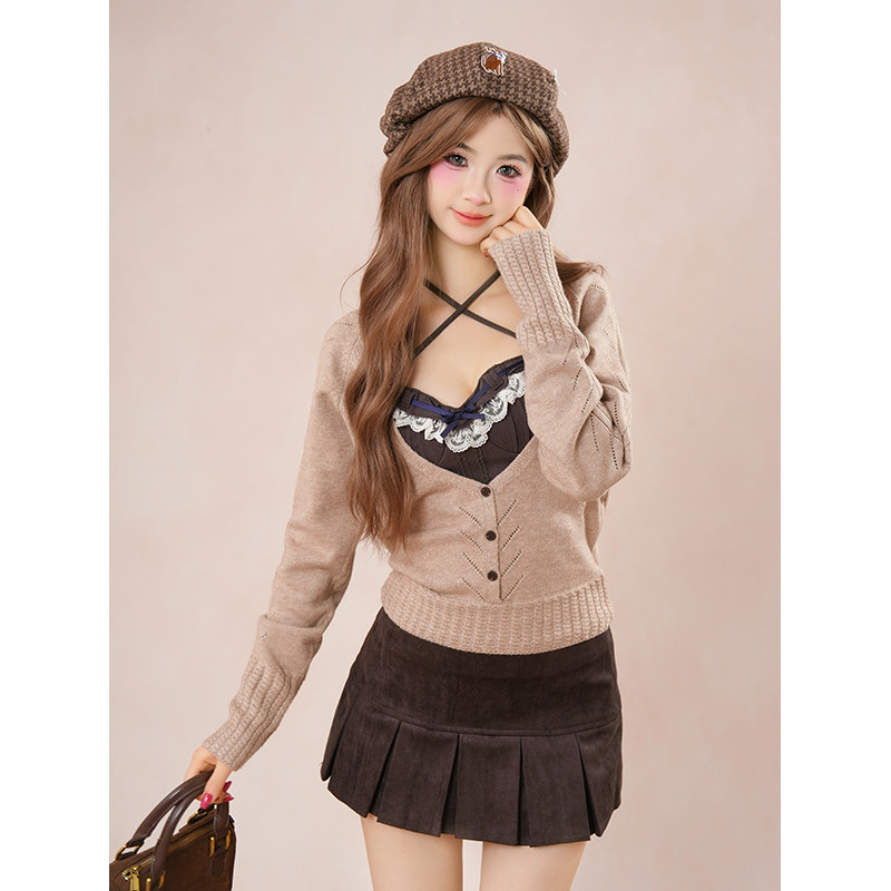 酒心可可 韩系复古纹理针织开衫+蕾丝吊带背心+百褶短裙三件套装,淘宝优惠券,粉丝福利购,淘宝优惠卷