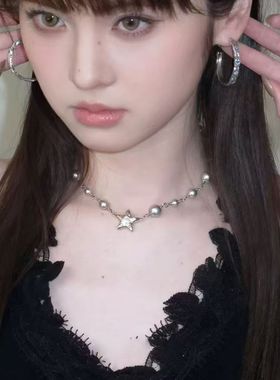 棱镜未来 原创小众反叛复古灰珍珠星星锁骨项链短款长款双层项链