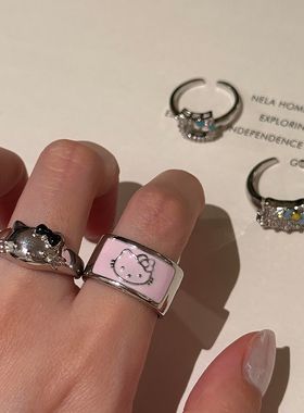 K门永存!粉色滴釉KT猫戒指卡通爆闪Y2K千禧辣妹开口戒食指戒指环