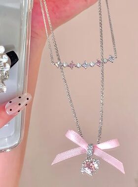 芭蕾少女双层蝴蝶结粉色爱心项链颈链小众设计感高级锁骨链配饰品