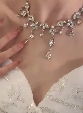 【寻光】法式锆石超闪粉色水滴项链春款时尚小众轻奢搭礼服锁骨链