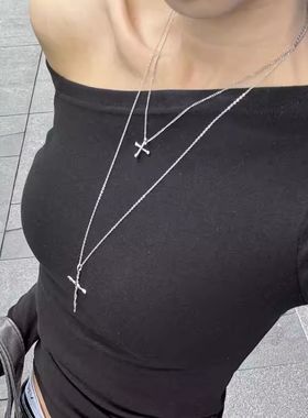 简约十字架叠戴项链潮流基础款甜酷辣妹颈链百搭冷淡风毛衣链配饰