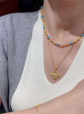 双层叠戴金刚杵串珠项链女款2025新款蓝色串珠锁骨毛衣颈链