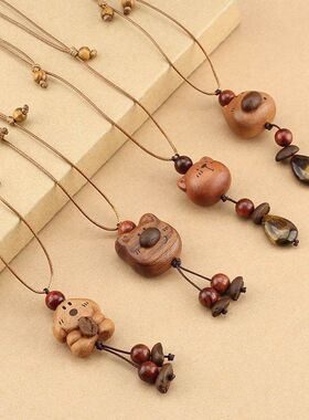 治愈系木质小狗吊坠项链长款简约可爱国风毛衣链长款女闺蜜礼物