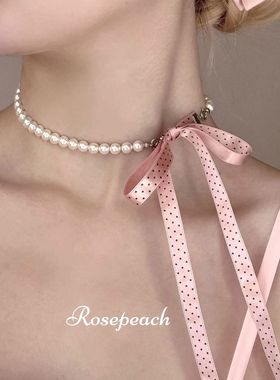rosepeach富家千金原创法式珍珠项链choker波点缎带新款复古锁骨