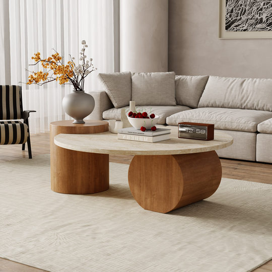 洞石茶几岩板大理石侘寂极简圆形客厅家用中古轻奢设计师创意茶桌