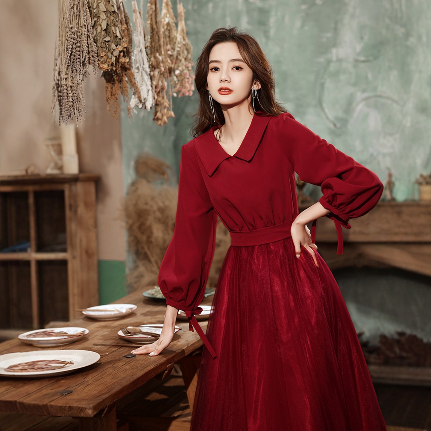 海棠记敬酒服瘦新娘胖mm纱裙高级感酒红色娃娃领订婚高腰礼服裙女,淘宝优惠券,粉丝福利购,淘宝优惠卷