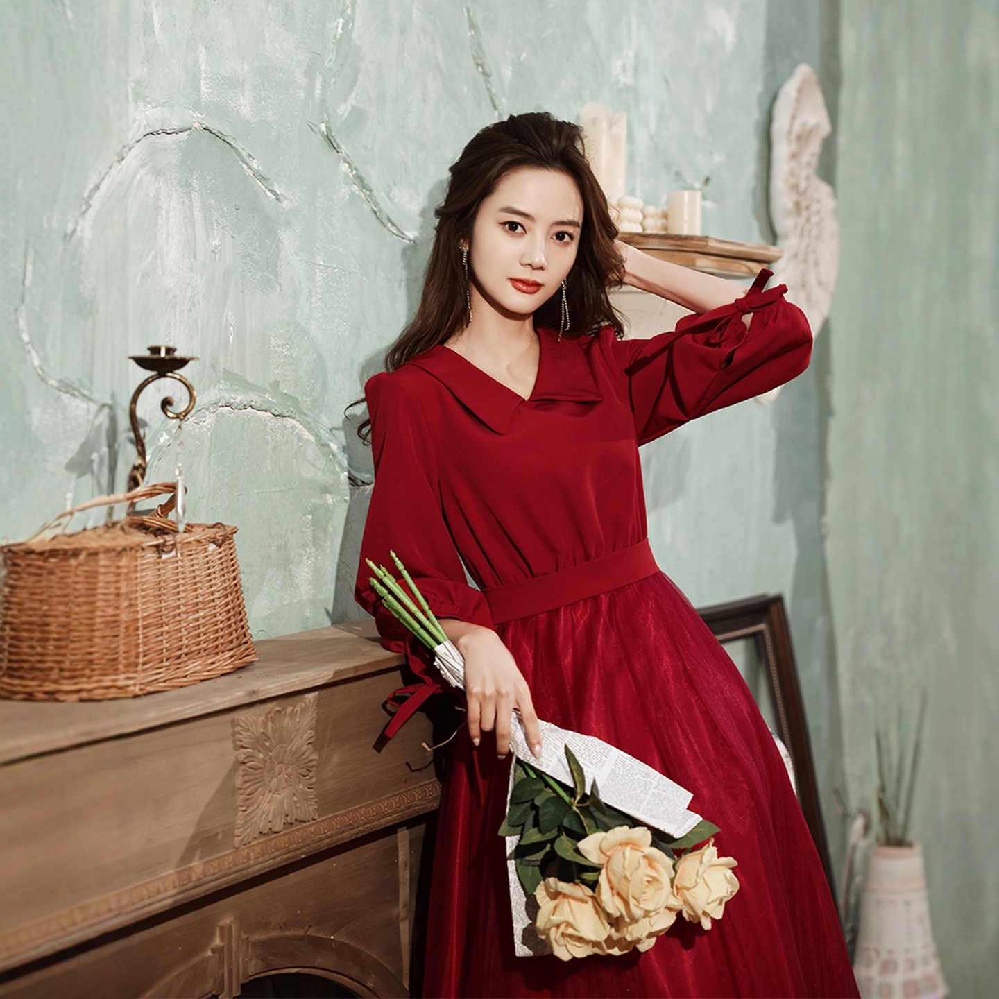 海棠记敬酒服瘦新娘胖mm纱裙高级感酒红色娃娃领订婚高腰礼服裙女,淘宝优惠券,粉丝福利购,淘宝优惠卷