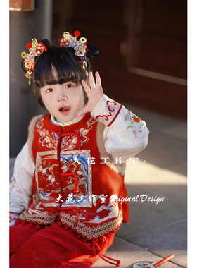 大花手作原创新年有钱花发饰发夹儿童一体假发红色古风新年发饰