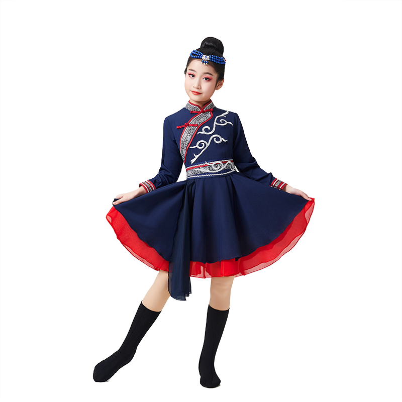 儿童蒙族舞蹈服装少数民族风幼儿草原蒙古裙袍六一演出服装男女童 - 图0