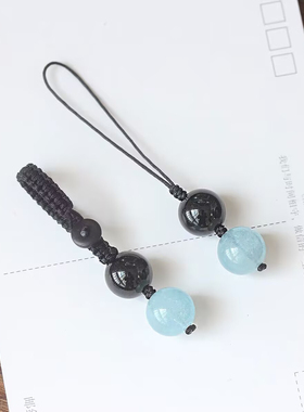 天然海蓝宝乌金黑曜石手机链补水