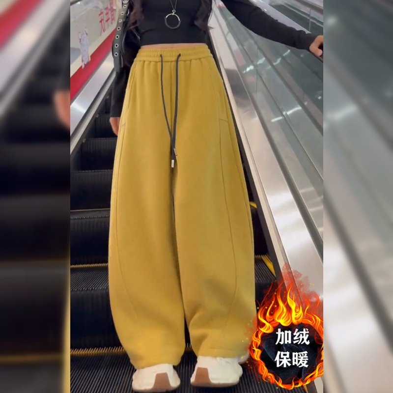 黄色加绒阔腿卫裤女春秋季2026新款抽绳休闲运动裤宽松香蕉弯刀裤,淘宝优惠券,粉丝福利购,淘宝优惠卷