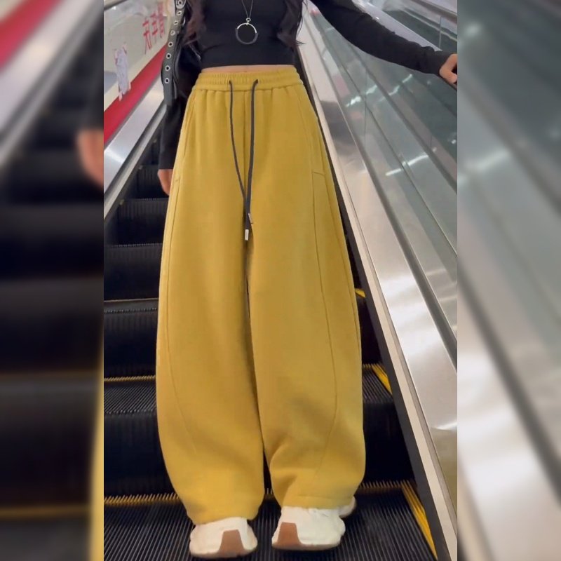 黄色加绒阔腿卫裤女春秋季2026新款抽绳休闲运动裤宽松香蕉弯刀裤,淘宝优惠券,粉丝福利购,淘宝优惠卷