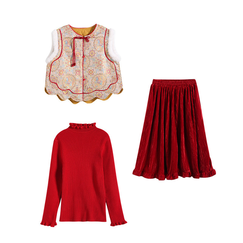 红色连衣裙秋冬中大童新中式拜年服加绒加厚本命年汉服马甲三件套,淘宝优惠券,粉丝福利购,淘宝优惠卷