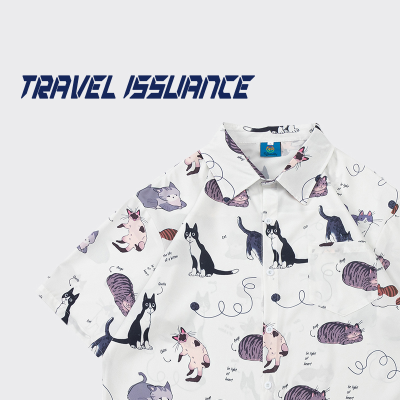 TRAVEL ISSUANCE 猫咪日常 日系趣味卡通猫咪短袖衬衫男女宽松bf - 图1