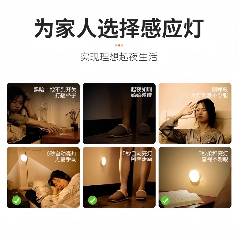 人体自动感应灯小夜灯卧室床头充电人来即亮厕所楼梯夜灯睡眠夜间 - 图2