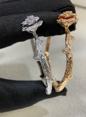 轻奢满钻玫瑰花藤蔓开口手镯气质白富美精致小众设计法式ins饰品