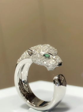 豹子头戒指 V金镀18K玫瑰金满钻豹子头开口戒指男女钻戒情侣对戒