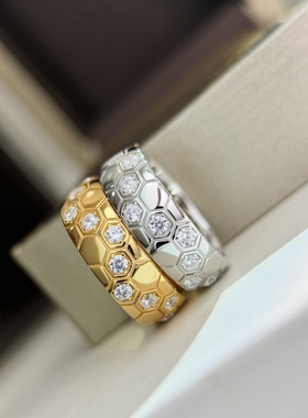 欧美时尚宽版六边形光面带钻蜂巢戒指V金材质轻奢高级感新款百搭