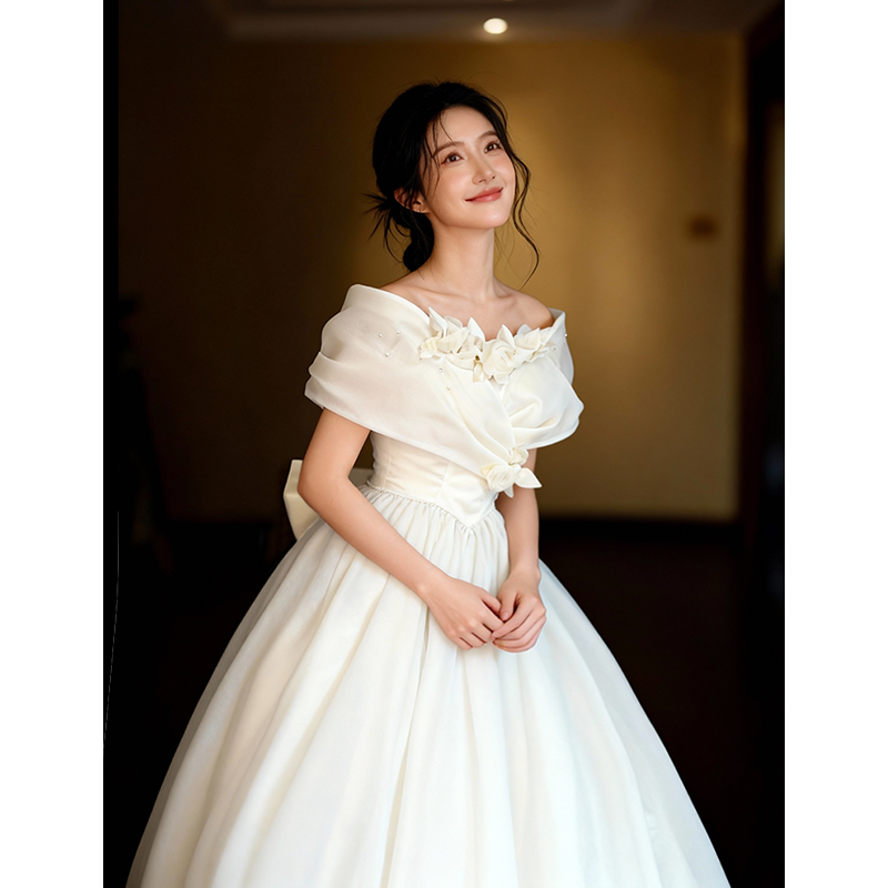 法式复古风一字肩轻婚纱白玫瑰重工气质感主纱新娘订婚结婚礼服裙,淘宝优惠券,粉丝福利购,淘宝优惠卷