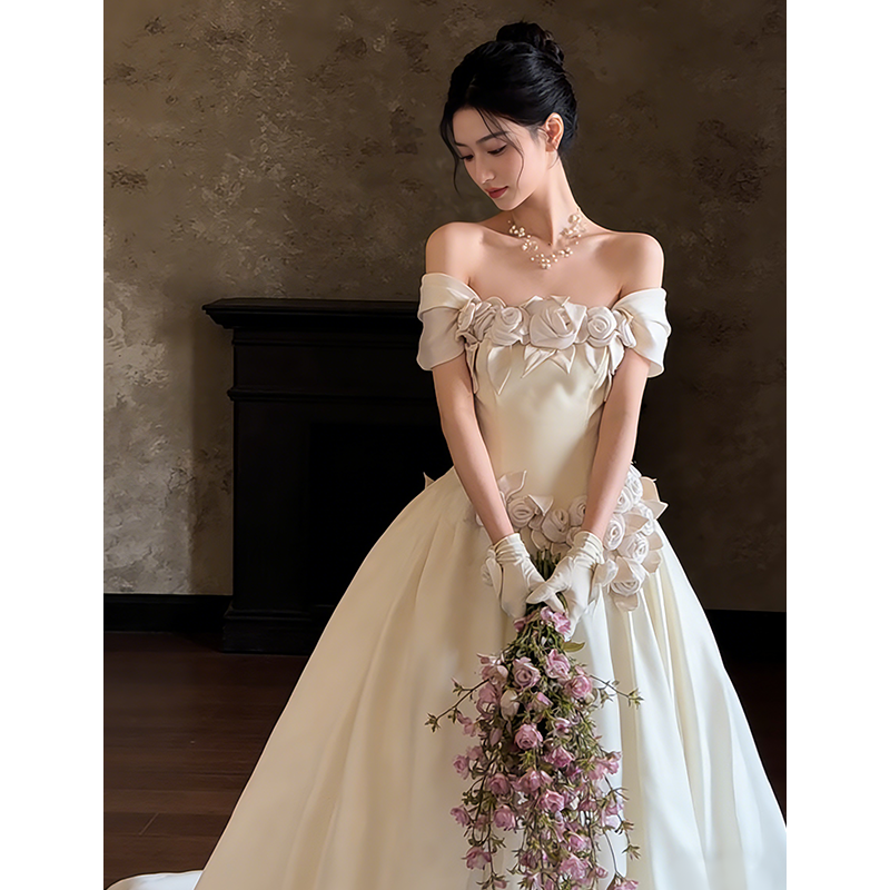 法式复古山茶花一字肩轻婚纱绝美气质礼服高级感新娘结婚订婚主纱,淘宝优惠券,粉丝福利购,淘宝优惠卷