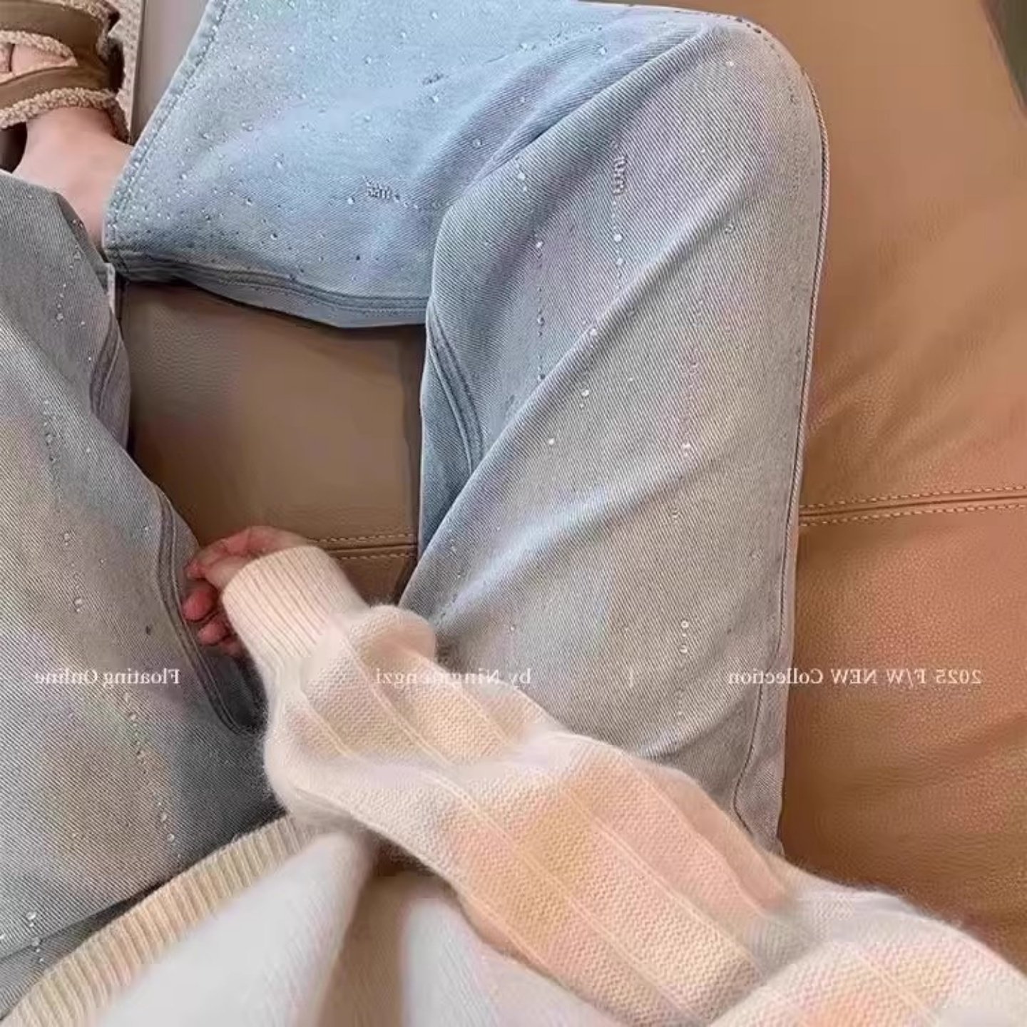 复古浅蓝色烫钻阔腿牛仔裤女2026春季新款高腰遮胯显瘦直筒长裤子,淘宝优惠券,粉丝福利购,淘宝优惠卷