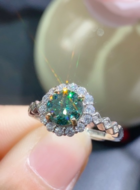 蓝绿色莫桑钻戒指，S925银精工镶嵌