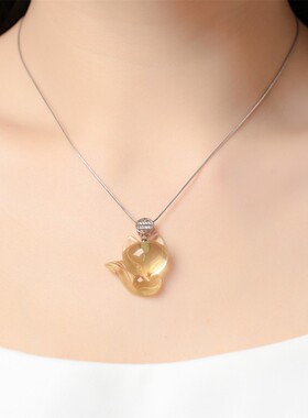 天然黄水晶狐狸吊坠女银锁骨项链