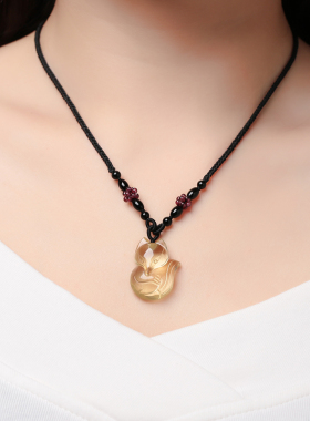 招财天然黄水晶狐狸吊坠项链女男