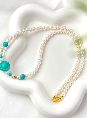 新中式绿松石太阳花国潮贝珠项链锁骨链复古气质百搭小众高级女