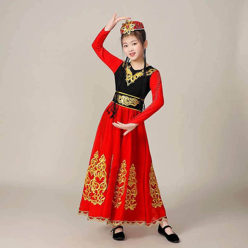 儿童新疆舞服装演出服女童少数民族维吾尔族舞蹈表演服大摆裙套装