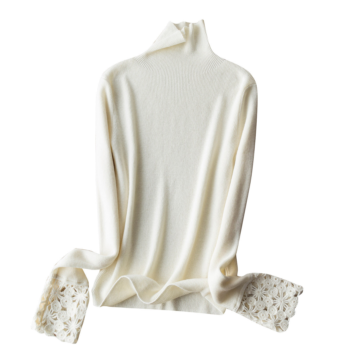 精致高级感 软糯100羊毛气质袖口蕾丝钩花镂空高领打底针织衫毛衣,淘宝优惠券,粉丝福利购,淘宝优惠卷