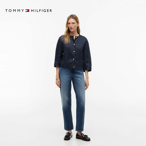 Tommy26秋冬新款女莱赛尔亚麻混纺休闲条纹宽松圆领长袖衬衫外套 - 图0