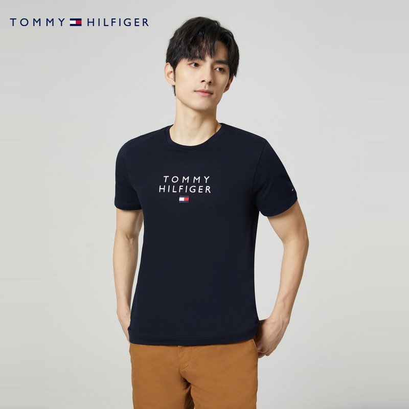 Tommy男装纯棉平纹针织简约刺绣舒适圆领打底短袖T恤XM0XM02307-图0