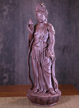 紫砂人物摆件佛像雕塑持莲观音