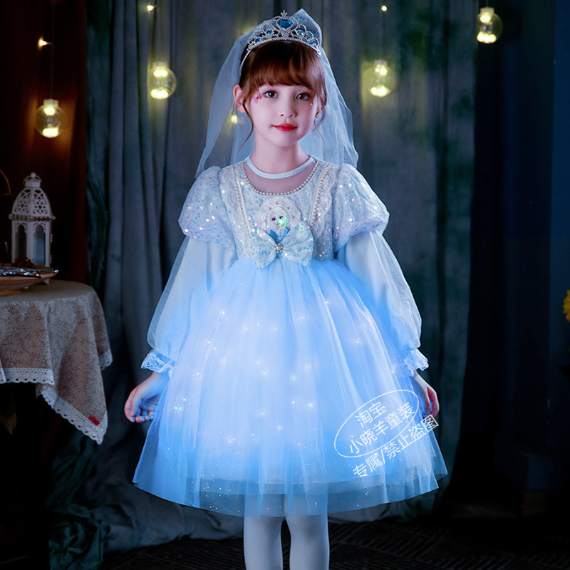 冰雪奇缘发光爱莎公主裙艾沙女童春秋装新款儿童生日服装连衣裙子-图0