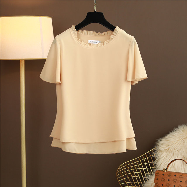 ເສື້ອຢືດ chiffon ແຂນສັ້ນ ເສື້ອຢືດແບບເກົາຫຼີ ສີສັນແຂງໃນຊ່ວງລະດູຮ້ອນ