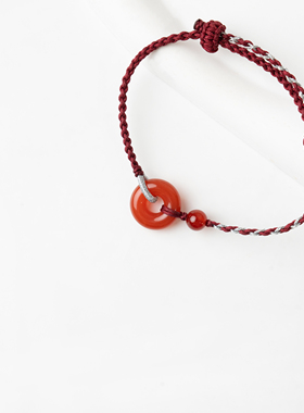 【敦煌文创】马年本命年满江红玛瑙平安扣配饰编织手绳手链送礼物