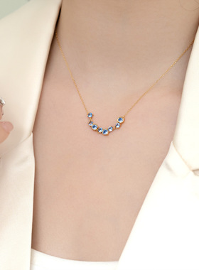 s925纯银冷淡风蓝尖晶花朵项链