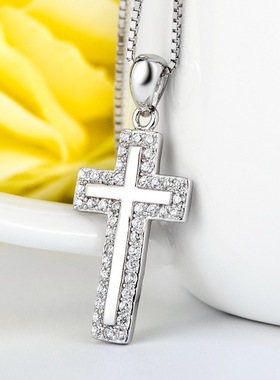 S925纯银镀白金十字架项链吊坠
