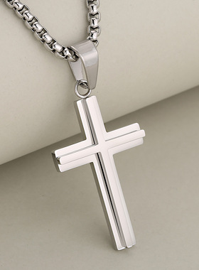 不锈钢双层十字架项链男士钛钢不掉色吊坠饰品时尚简约圣诞礼品