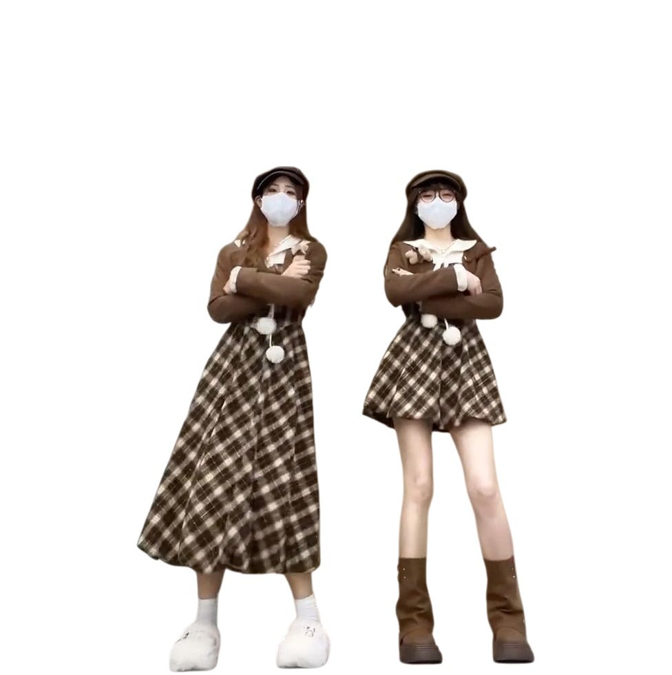 一整套气质温柔甜美格纹花苞连衣裙搭配棕色短款长袖外套两件套装,淘宝优惠券,粉丝福利购,淘宝优惠卷