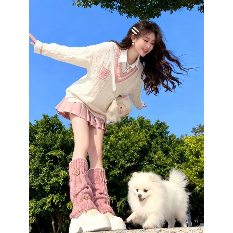 法式软糯学院风V领麻花针织毛衣+白色衬衫+领带+粉色短裙三件套装,淘宝优惠券,粉丝福利购,淘宝优惠卷