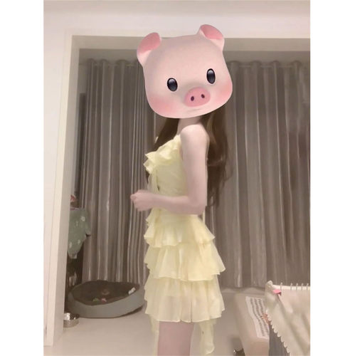 纯欲风小个子修身显瘦荷叶蛋糕连衣裙夏季不规则褶皱吊带仙女短裙 - 图1