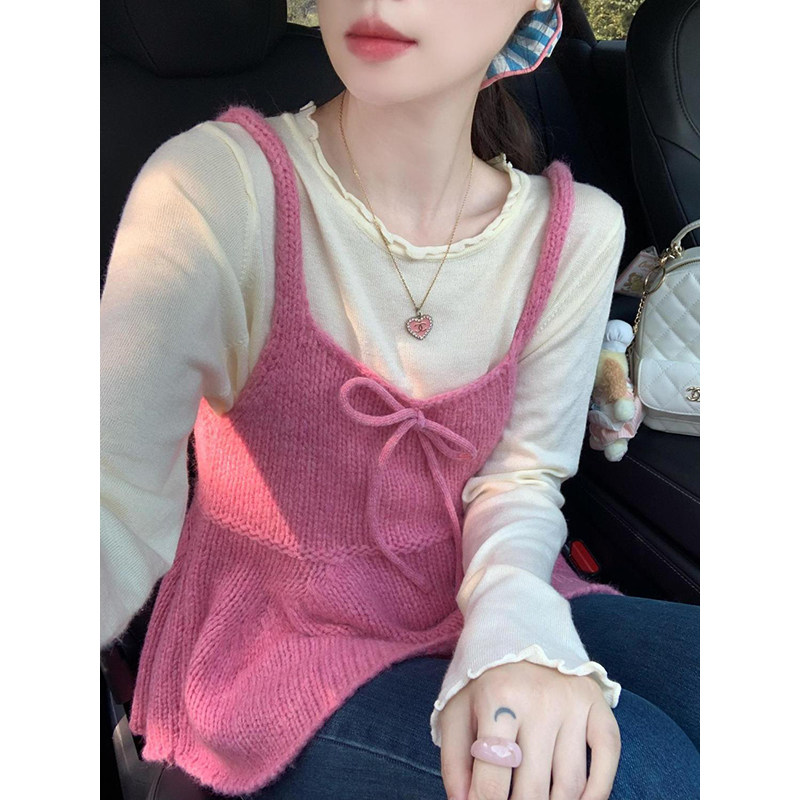 韩系时尚温柔蝴蝶结系带粉色针织吊带背心搭配打底上衣衫两件套装,淘宝优惠券,粉丝福利购,淘宝优惠卷