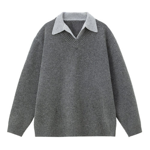 NTBF质感假两件V领毛衣男女秋季新款复古翻领polo针织衫保暖外套 - 图3