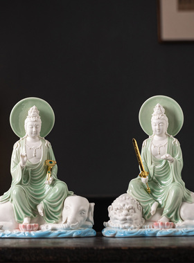 中式陶瓷文殊菩萨普贤菩萨摆件